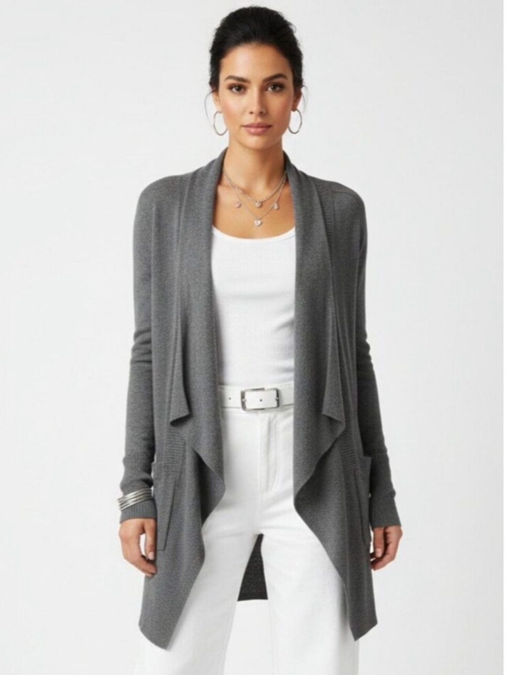 Eileen Fisher Open-Front Draped Peplum Cardigan Sweater Charcoal Grey Size Large